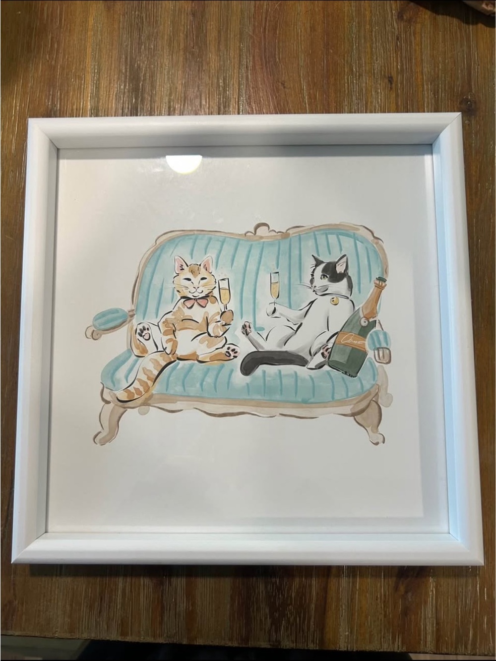 Framed watercolor Cat Sofa Art Print - Blue & Cream